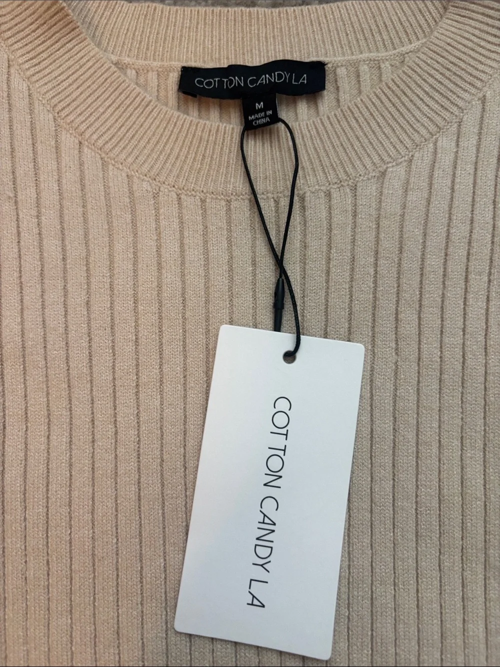Cotton Candy Ribbed Long-Sleeve Crewneck sweater - Beige size M medium NEW NWT